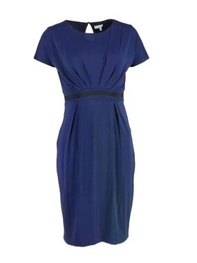Max Mara Blue Pleated Sheath Dress Grosgrain Waist Italy Size 38